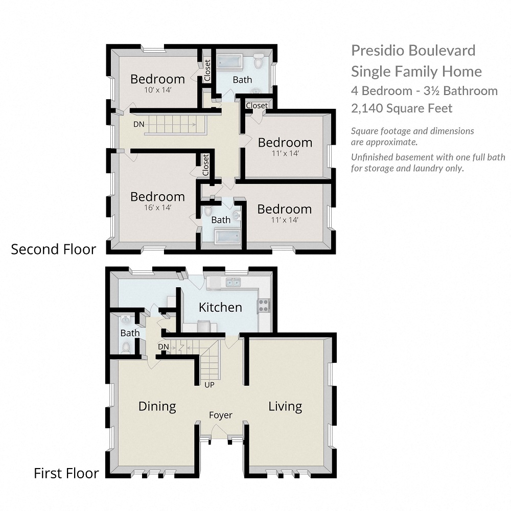 Floor plan for 4 beds, 3.5 baths, 2140 sqft